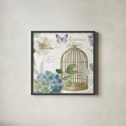 Rainbow Seeds Floral Birdcage III v2 by Lisa Audit. Shown in a sleek black glass frame for a contemporary gallery look. Available as an archival giclee rolled canvas, fine art paper, or poster print. SKU 87450a.