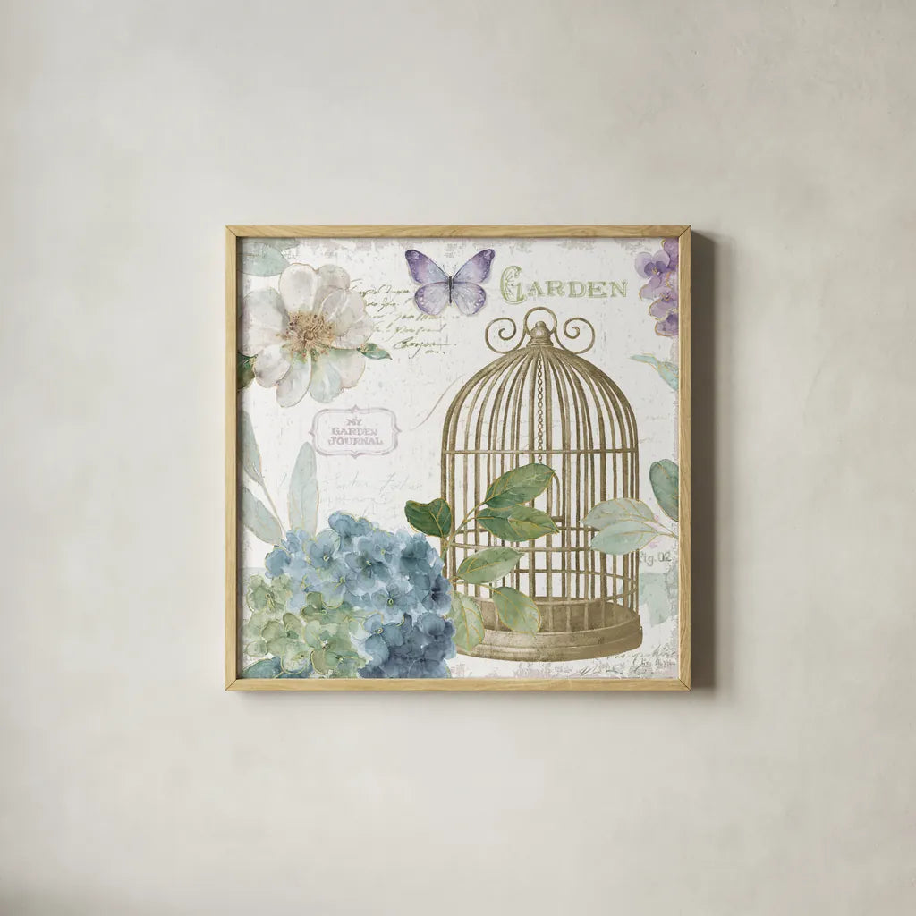 Rainbow Seeds Floral Birdcage III v2 by Lisa Audit. Shown in a natural wood glass frame for a timeless modern aesthetic. Available as an archival giclee rolled canvas, fine art paper, or poster print. SKU 87450a.
