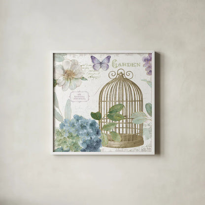 Rainbow Seeds Floral Birdcage III v2 by Lisa Audit. Shown in a crisp white glass frame for a clean and minimalist style. Available as an archival giclee rolled canvas, fine art paper, or poster print. SKU 87450a.