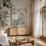 Rainbow Seeds Floral Birdcage III v2 by Lisa Audit. Shown in a natural wood frame in a cozy modern living room. Available as an archival giclee rolled canvas, fine art paper, or poster print. SKU 87450a.
