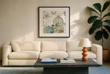 Rainbow Seeds Floral Birdcage III v2 by Lisa Audit. Displayed in a glass frame with matte in a clean modern living room. Available as an archival giclee rolled canvas, fine art paper, or poster print. SKU 87450a.