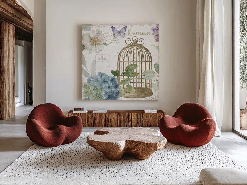 Rainbow Seeds Floral Birdcage III v2 by Lisa Audit. Shown as extra-large giant wall art in a modern living room. Available as an archival giclee rolled canvas, fine art paper, or poster print. SKU 87450a.