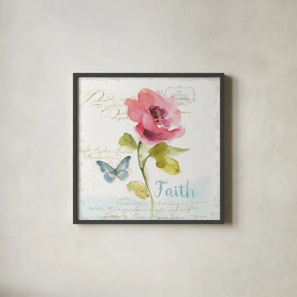 Rainbow Seeds Floral VI Faith Sq by Lisa Audit. Shown in a sleek black glass frame for a contemporary gallery look. Available as an archival giclee rolled canvas, fine art paper, or poster print. SKU 63971a.