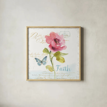 Rainbow Seeds Floral VI Faith Sq by Lisa Audit. Shown in a natural wood glass frame for a timeless modern aesthetic. Available as an archival giclee rolled canvas, fine art paper, or poster print. SKU 63971a.