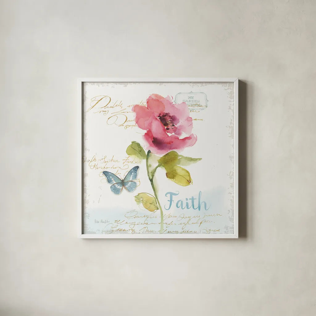 Rainbow Seeds Floral VI Faith Sq by Lisa Audit. Shown in a crisp white glass frame for a clean and minimalist style. Available as an archival giclee rolled canvas, fine art paper, or poster print. SKU 63971a.