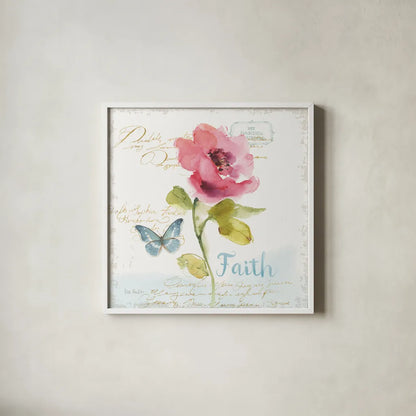 Rainbow Seeds Floral VI Faith Sq by Lisa Audit. Shown in a crisp white glass frame for a clean and minimalist style. Available as an archival giclee rolled canvas, fine art paper, or poster print. SKU 63971a.
