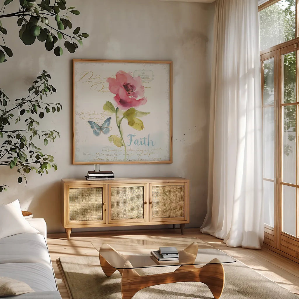 Rainbow Seeds Floral VI Faith Sq by Lisa Audit. Shown in a natural wood frame in a cozy modern living room. Available as an archival giclee rolled canvas, fine art paper, or poster print. SKU 63971a.