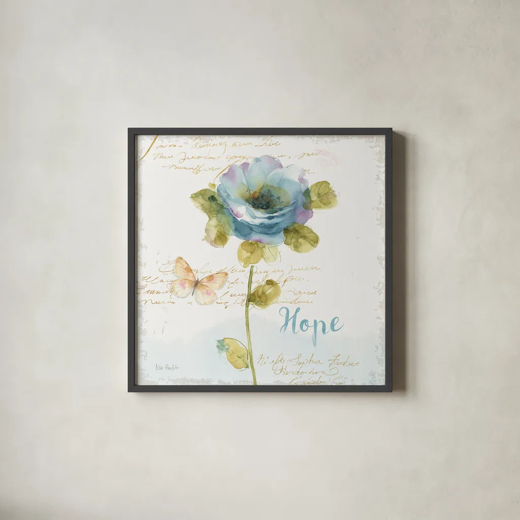 Rainbow Seeds Floral VII Hope Sq by Lisa Audit. Shown in a sleek black glass frame for a contemporary gallery look. Available as an archival giclee rolled canvas, fine art paper, or poster print. SKU 63972a.