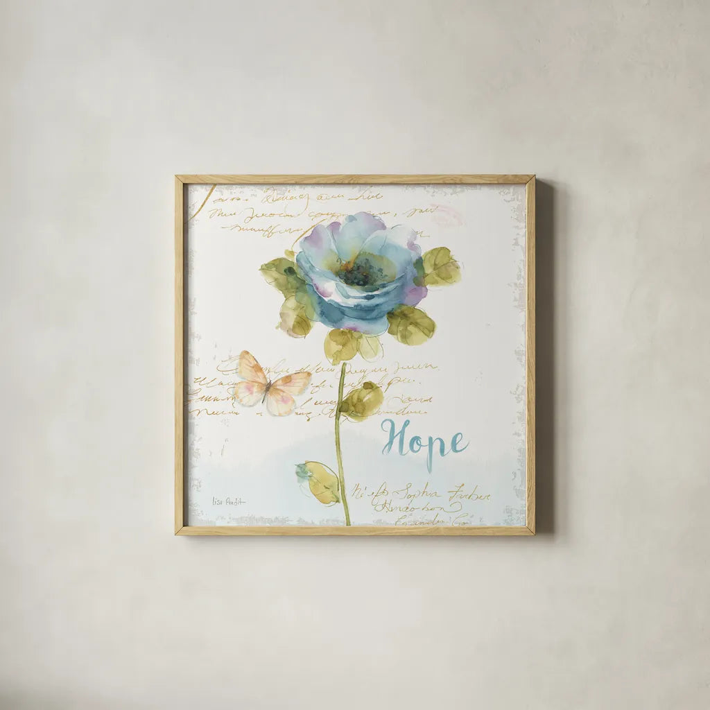 Rainbow Seeds Floral VII Hope Sq by Lisa Audit. Shown in a natural wood glass frame for a timeless modern aesthetic. Available as an archival giclee rolled canvas, fine art paper, or poster print. SKU 63972a.