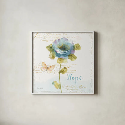 Rainbow Seeds Floral VII Hope Sq by Lisa Audit. Shown in a crisp white glass frame for a clean and minimalist style. Available as an archival giclee rolled canvas, fine art paper, or poster print. SKU 63972a.