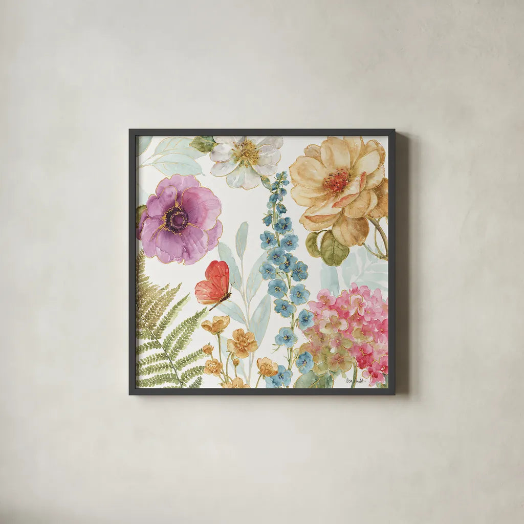 Rainbow Seeds Flowers III by Lisa Audit. Shown in a sleek black glass frame for a contemporary gallery look. Available as an archival giclee rolled canvas, fine art paper, or poster print. SKU 20431a.