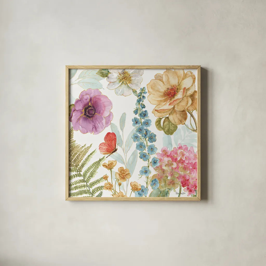 Rainbow Seeds Flowers III by Lisa Audit. Shown in a natural wood glass frame for a timeless modern aesthetic. Available as an archival giclee rolled canvas, fine art paper, or poster print. SKU 20431a.
