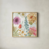Rainbow Seeds Flowers III by Lisa Audit. Shown in a natural wood glass frame for a timeless modern aesthetic. Available as an archival giclee rolled canvas, fine art paper, or poster print. SKU 20431a.