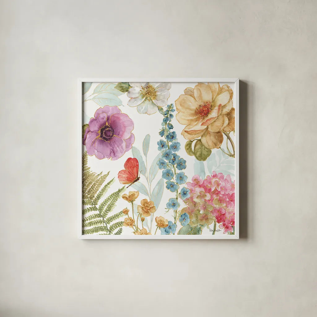 Rainbow Seeds Flowers III by Lisa Audit. Shown in a crisp white glass frame for a clean and minimalist style. Available as an archival giclee rolled canvas, fine art paper, or poster print. SKU 20431a.