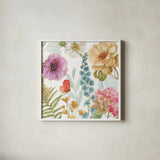Rainbow Seeds Flowers III by Lisa Audit. Shown in a crisp white glass frame for a clean and minimalist style. Available as an archival giclee rolled canvas, fine art paper, or poster print. SKU 20431a.