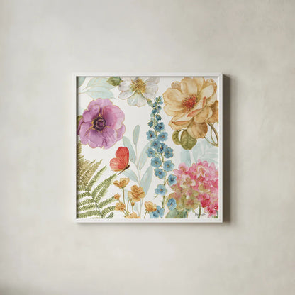 Rainbow Seeds Flowers III by Lisa Audit. Shown in a crisp white glass frame for a clean and minimalist style. Available as an archival giclee rolled canvas, fine art paper, or poster print. SKU 20431a.