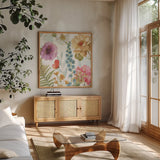 Rainbow Seeds Flowers III by Lisa Audit. Shown in a natural wood frame in a cozy modern living room. Available as an archival giclee rolled canvas, fine art paper, or poster print. SKU 20431a.