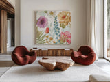 Rainbow Seeds Flowers III by Lisa Audit. Shown as extra-large giant wall art in a modern living room. Available as an archival giclee rolled canvas, fine art paper, or poster print. SKU 20431a.