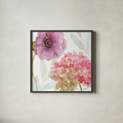 Rainbow Seeds Flowers V by Lisa Audit. Shown in a sleek black glass frame for a contemporary gallery look. Available as an archival giclee rolled canvas, fine art paper, or poster print. SKU 22230a.
