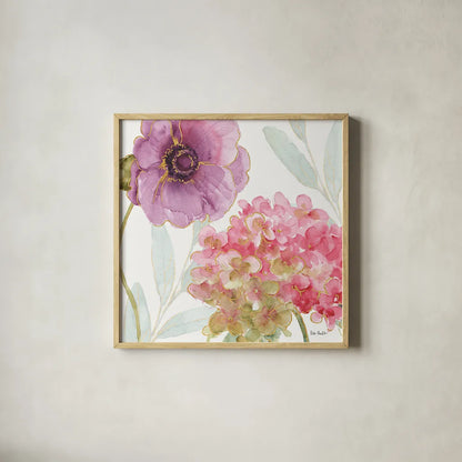Rainbow Seeds Flowers V by Lisa Audit. Shown in a natural wood glass frame for a timeless modern aesthetic. Available as an archival giclee rolled canvas, fine art paper, or poster print. SKU 22230a.
