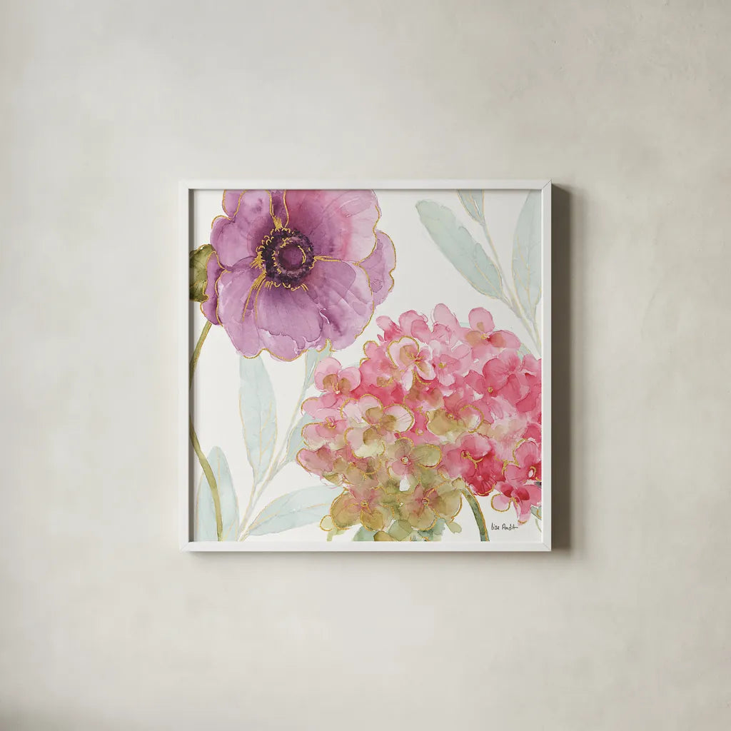 Rainbow Seeds Flowers V by Lisa Audit. Shown in a crisp white glass frame for a clean and minimalist style. Available as an archival giclee rolled canvas, fine art paper, or poster print. SKU 22230a.