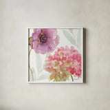 Rainbow Seeds Flowers V by Lisa Audit. Shown in a crisp white glass frame for a clean and minimalist style. Available as an archival giclee rolled canvas, fine art paper, or poster print. SKU 22230a.
