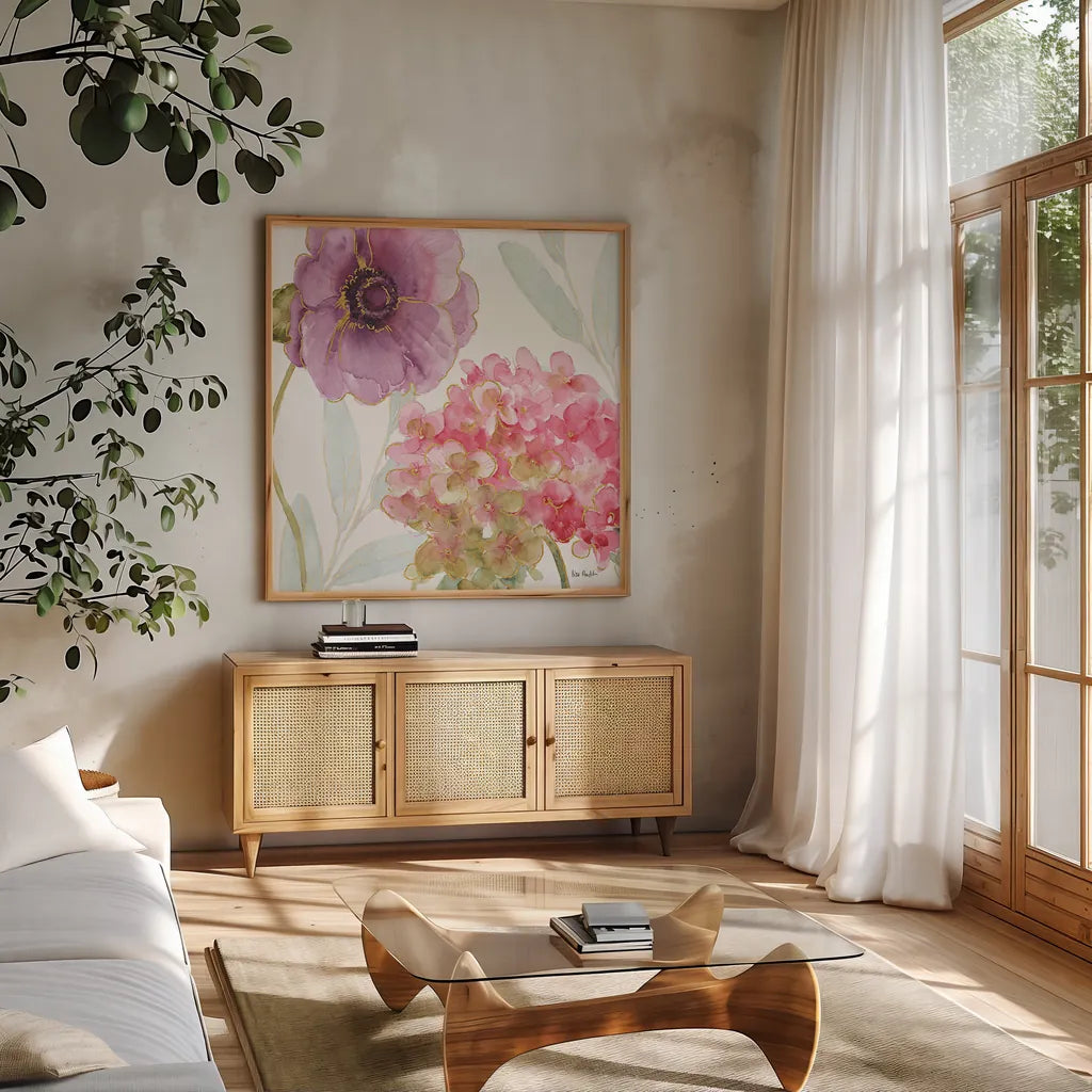 Rainbow Seeds Flowers V by Lisa Audit. Shown in a natural wood frame in a cozy modern living room. Available as an archival giclee rolled canvas, fine art paper, or poster print. SKU 22230a.