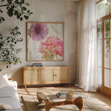 Rainbow Seeds Flowers V by Lisa Audit. Shown in a natural wood frame in a cozy modern living room. Available as an archival giclee rolled canvas, fine art paper, or poster print. SKU 22230a.