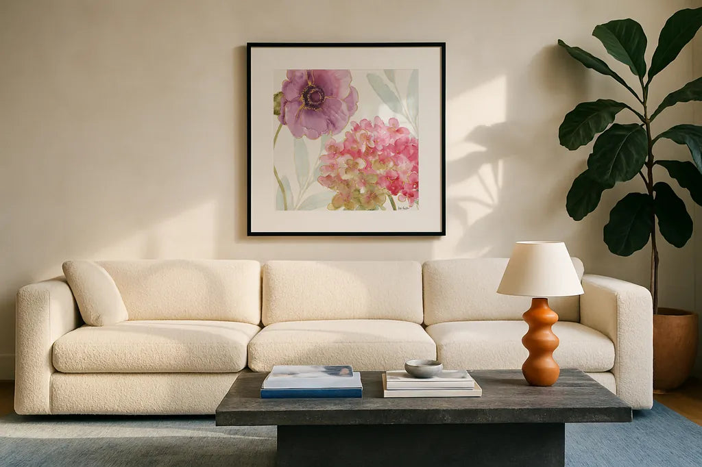 Rainbow Seeds Flowers V by Lisa Audit. Displayed in a glass frame with matte in a clean modern living room. Available as an archival giclee rolled canvas, fine art paper, or poster print. SKU 22230a.