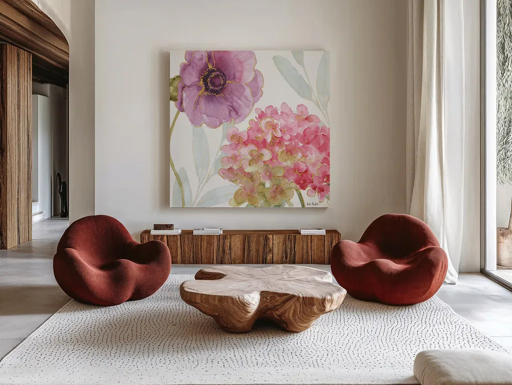Rainbow Seeds Flowers V by Lisa Audit. Shown as extra-large giant wall art in a modern living room. Available as an archival giclee rolled canvas, fine art paper, or poster print. SKU 22230a.