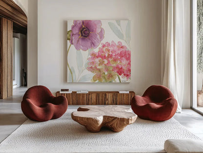 Rainbow Seeds Flowers V by Lisa Audit. Shown as extra-large giant wall art in a modern living room. Available as an archival giclee rolled canvas, fine art paper, or poster print. SKU 22230a.