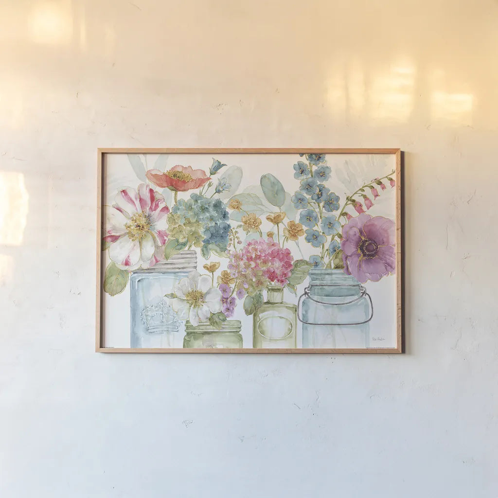 Rainbow Seeds Flowers X by Lisa Audit. shown as a paper print in a natural frame. Available as a archival giclee rolled canvas, fine art paper, or poster print. SKU 28860i.