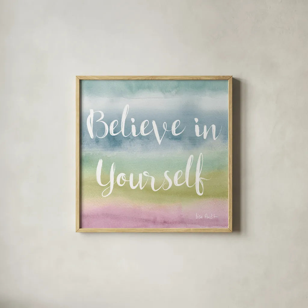 Rainbow Seeds Painted Pattern XIV Cool Believe by Lisa Audit. Shown in a natural wood glass frame for a timeless modern aesthetic. Available as an archival giclee rolled canvas, fine art paper, or poster print. SKU 23437a.