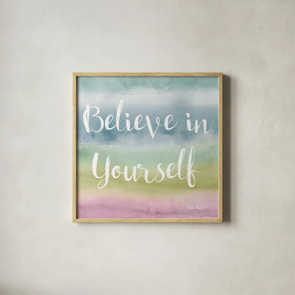 Rainbow Seeds Painted Pattern XIV Cool Believe by Lisa Audit. Shown in a natural wood glass frame for a timeless modern aesthetic. Available as an archival giclee rolled canvas, fine art paper, or poster print. SKU 23437a.