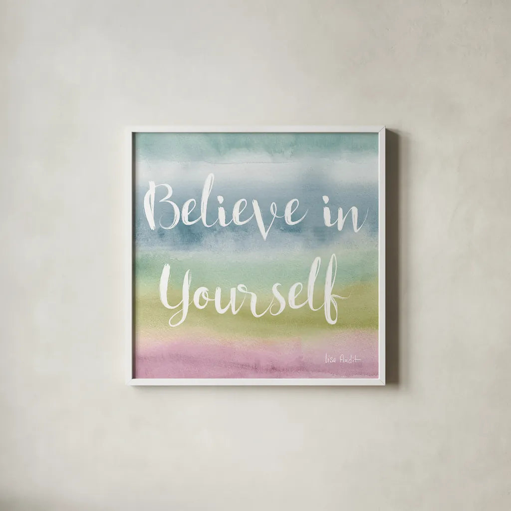 Rainbow Seeds Painted Pattern XIV Cool Believe by Lisa Audit. Shown in a crisp white glass frame for a clean and minimalist style. Available as an archival giclee rolled canvas, fine art paper, or poster print. SKU 23437a.