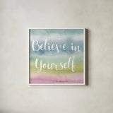 Rainbow Seeds Painted Pattern XIV Cool Believe by Lisa Audit. Shown in a crisp white glass frame for a clean and minimalist style. Available as an archival giclee rolled canvas, fine art paper, or poster print. SKU 23437a.