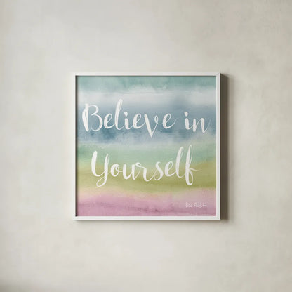 Rainbow Seeds Painted Pattern XIV Cool Believe by Lisa Audit. Shown in a crisp white glass frame for a clean and minimalist style. Available as an archival giclee rolled canvas, fine art paper, or poster print. SKU 23437a.