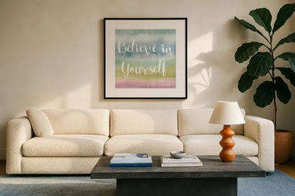 Rainbow Seeds Painted Pattern XIV Cool Believe by Lisa Audit. Displayed in a glass frame with matte in a clean modern living room. Available as an archival giclee rolled canvas, fine art paper, or poster print. SKU 23437a.