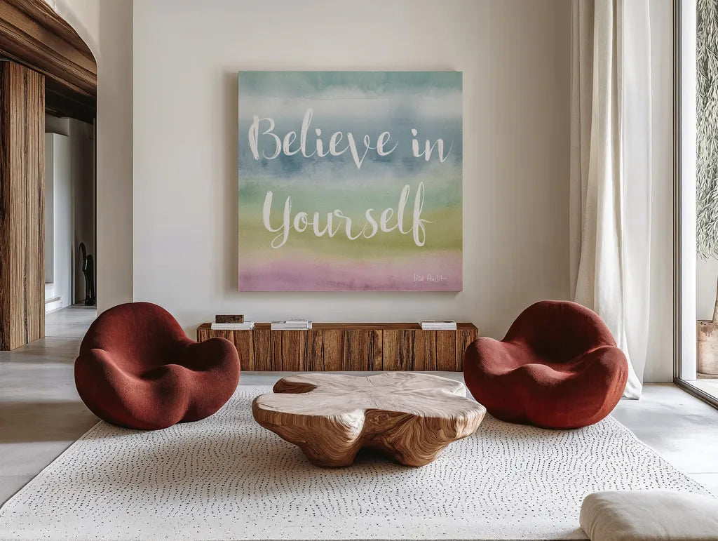 Rainbow Seeds Painted Pattern XIV Cool Believe by Lisa Audit. Shown as extra-large giant wall art in a modern living room. Available as an archival giclee rolled canvas, fine art paper, or poster print. SKU 23437a.