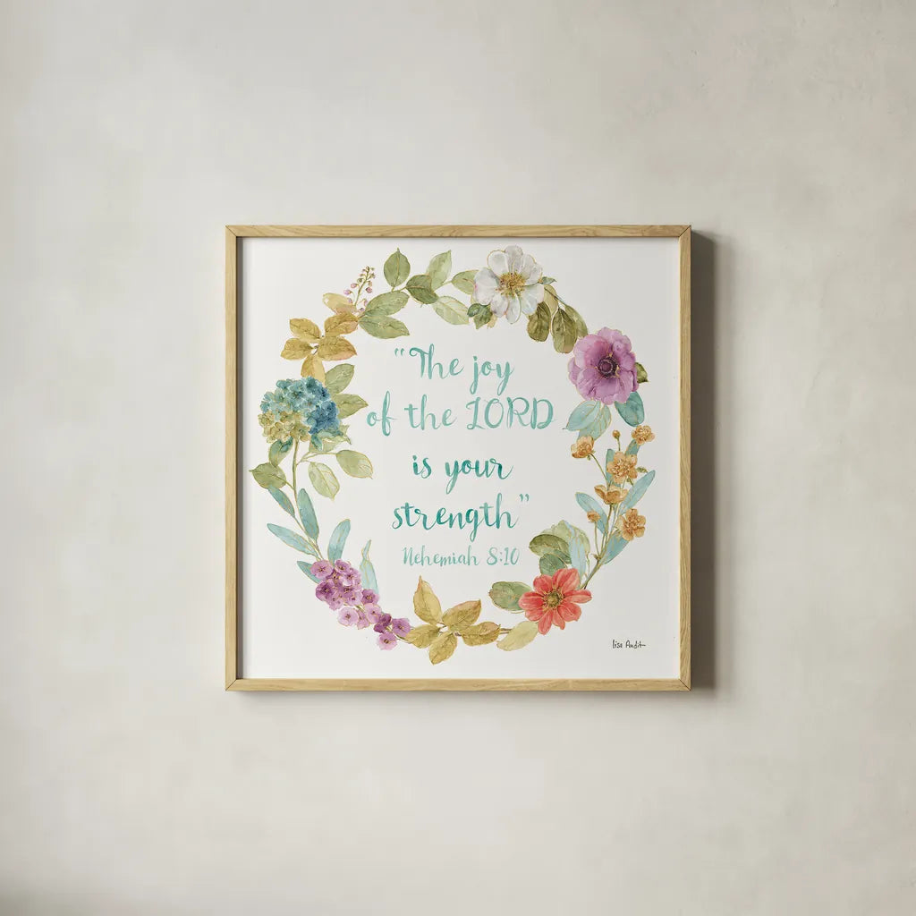 Rainbow Seeds Proverb I by Lisa Audit. Shown in a natural wood glass frame for a timeless modern aesthetic. Available as an archival giclee rolled canvas, fine art paper, or poster print. SKU 37132a.