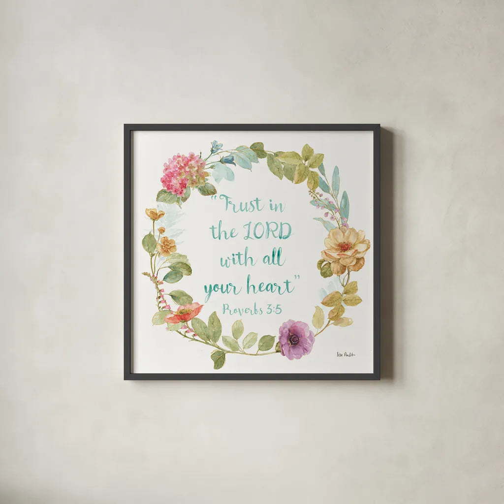 Rainbow Seeds Proverb II by Lisa Audit. Shown in a sleek black glass frame for a contemporary gallery look. Available as an archival giclee rolled canvas, fine art paper, or poster print. SKU 37133a.