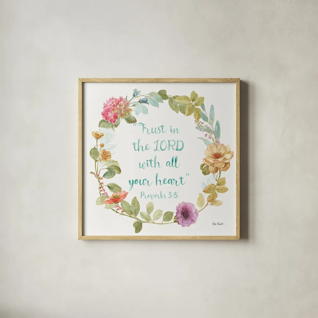 Rainbow Seeds Proverb II by Lisa Audit. Shown in a natural wood glass frame for a timeless modern aesthetic. Available as an archival giclee rolled canvas, fine art paper, or poster print. SKU 37133a.