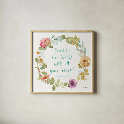 Rainbow Seeds Proverb II by Lisa Audit. Shown in a natural wood glass frame for a timeless modern aesthetic. Available as an archival giclee rolled canvas, fine art paper, or poster print. SKU 37133a.