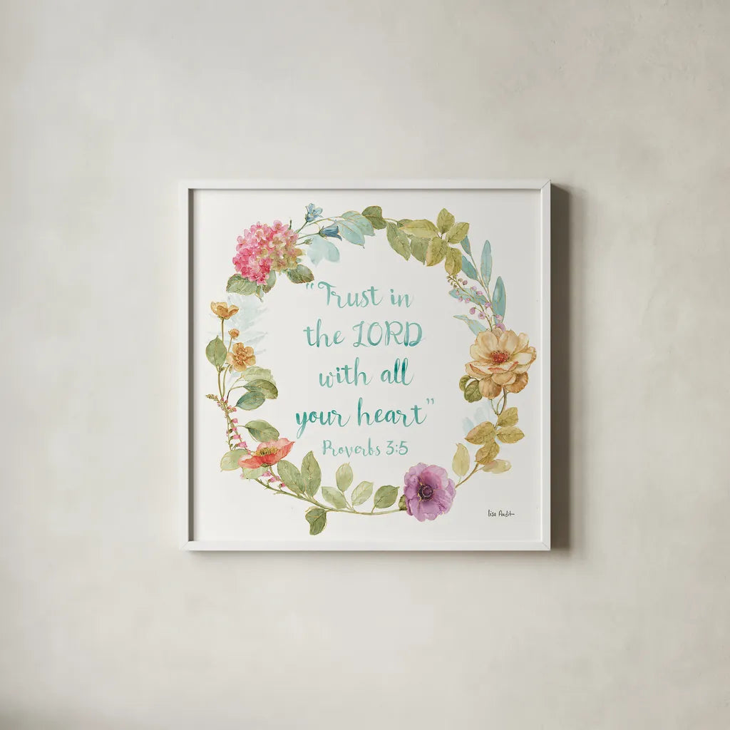 Rainbow Seeds Proverb II by Lisa Audit. Shown in a crisp white glass frame for a clean and minimalist style. Available as an archival giclee rolled canvas, fine art paper, or poster print. SKU 37133a.