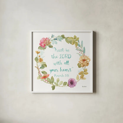 Rainbow Seeds Proverb II by Lisa Audit. Shown in a crisp white glass frame for a clean and minimalist style. Available as an archival giclee rolled canvas, fine art paper, or poster print. SKU 37133a.