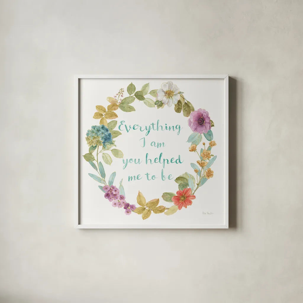 Rainbow Seeds Wreath III Everything by Lisa Audit. Shown in a crisp white glass frame for a clean and minimalist style. Available as an archival giclee rolled canvas, fine art paper, or poster print. SKU 41679a.