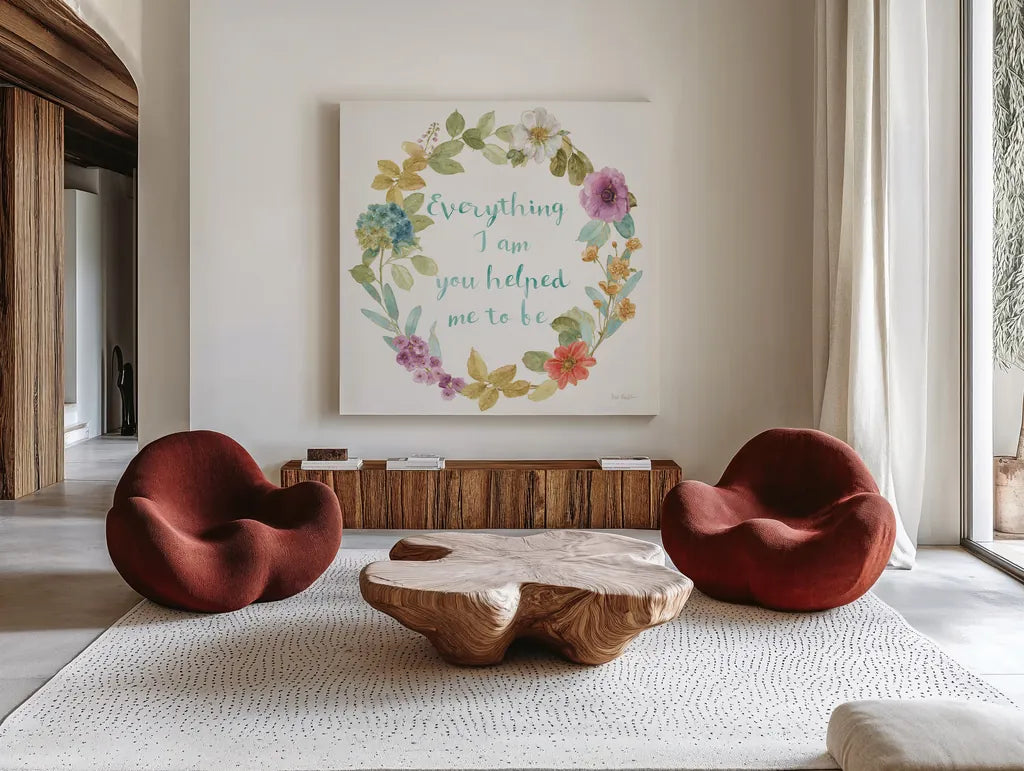 Rainbow Seeds Wreath III Everything by Lisa Audit. Shown as extra-large giant wall art in a modern living room. Available as an archival giclee rolled canvas, fine art paper, or poster print. SKU 41679a.