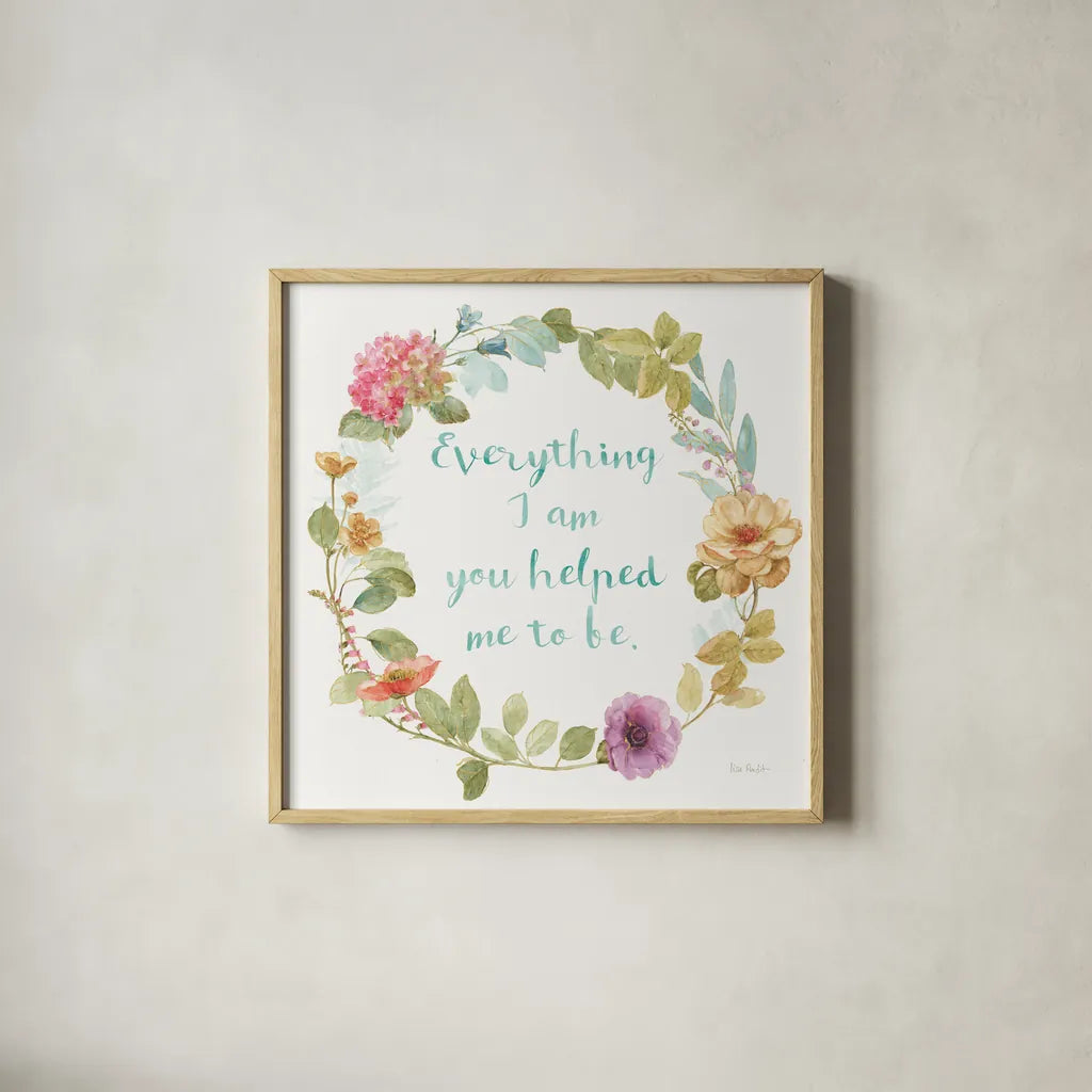 Rainbow Seeds Wreath IV Everything by Lisa Audit. Shown in a natural wood glass frame for a timeless modern aesthetic. Available as an archival giclee rolled canvas, fine art paper, or poster print. SKU 41680a.