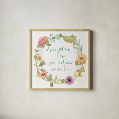 Rainbow Seeds Wreath IV Everything by Lisa Audit. Shown in a natural wood glass frame for a timeless modern aesthetic. Available as an archival giclee rolled canvas, fine art paper, or poster print. SKU 41680a.