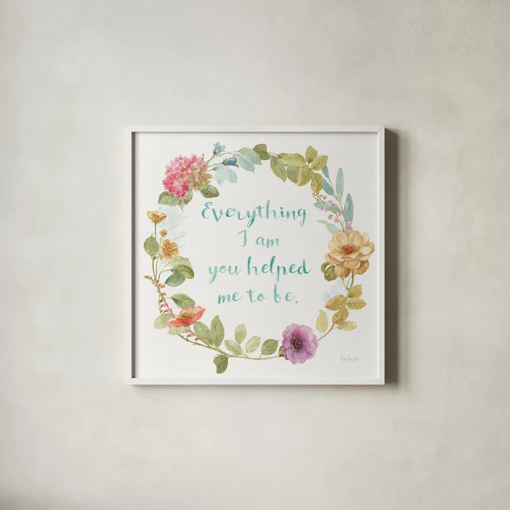 Rainbow Seeds Wreath IV Everything by Lisa Audit. Shown in a crisp white glass frame for a clean and minimalist style. Available as an archival giclee rolled canvas, fine art paper, or poster print. SKU 41680a.